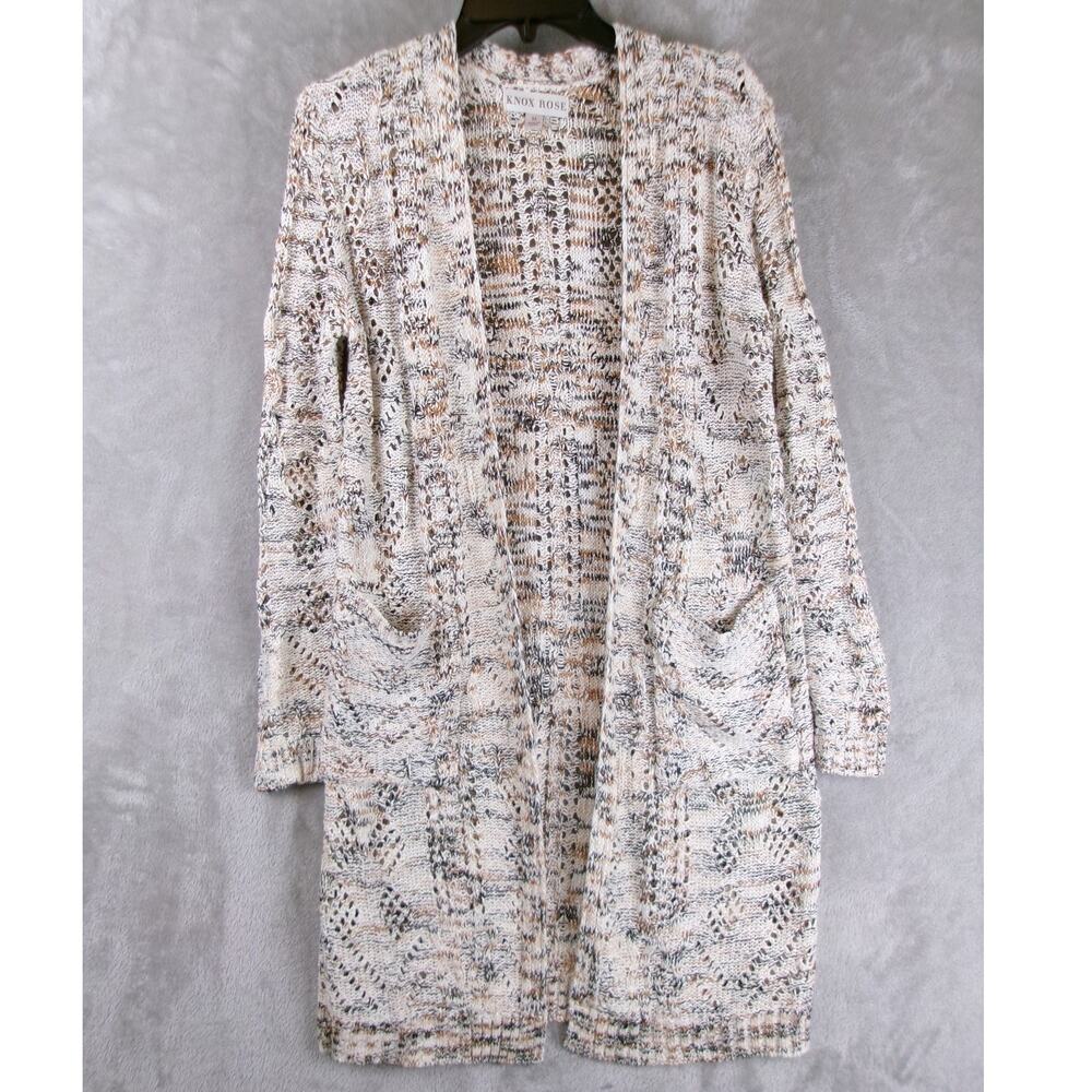 Knox Rose Long Open Front Marled Knit Duster Cardigan Pockets Women's M